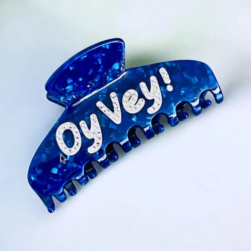 Funny “Oy Vey” Hair Claw Clip Blue Rhinestone Statement Clip Gift NWT / Sealed